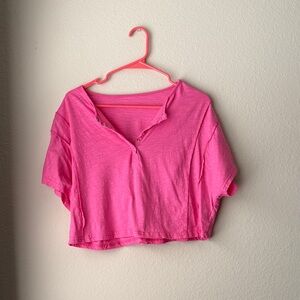 SHEIN Bright Pink Cropped Button-Up Henley Tee